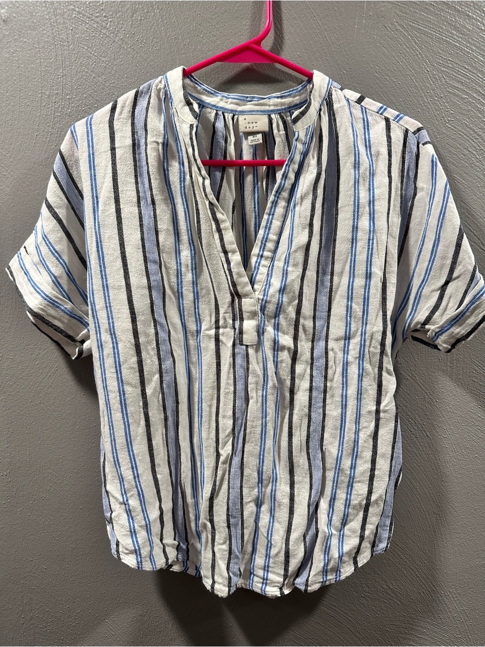 a new day Striped Short-Sleeve Band Collar Shirt in White, Blue & Gray
